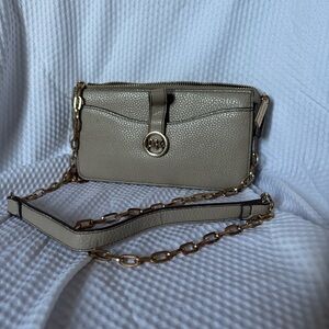 Taupe Pebbled Leather Chain-Trim Crossbody